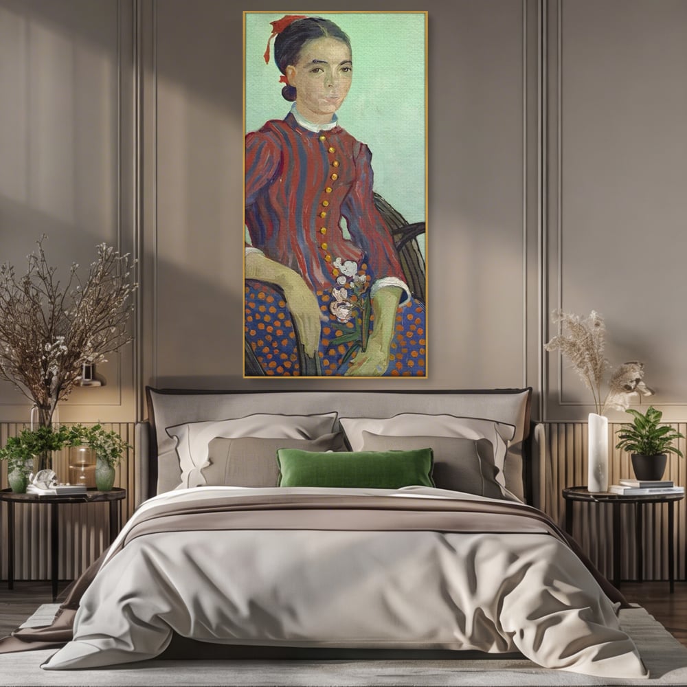 Tablou canvas cu reproducere pictura portret feminin, in rama de aluminiu auriu, pe perete intr-un dormitor