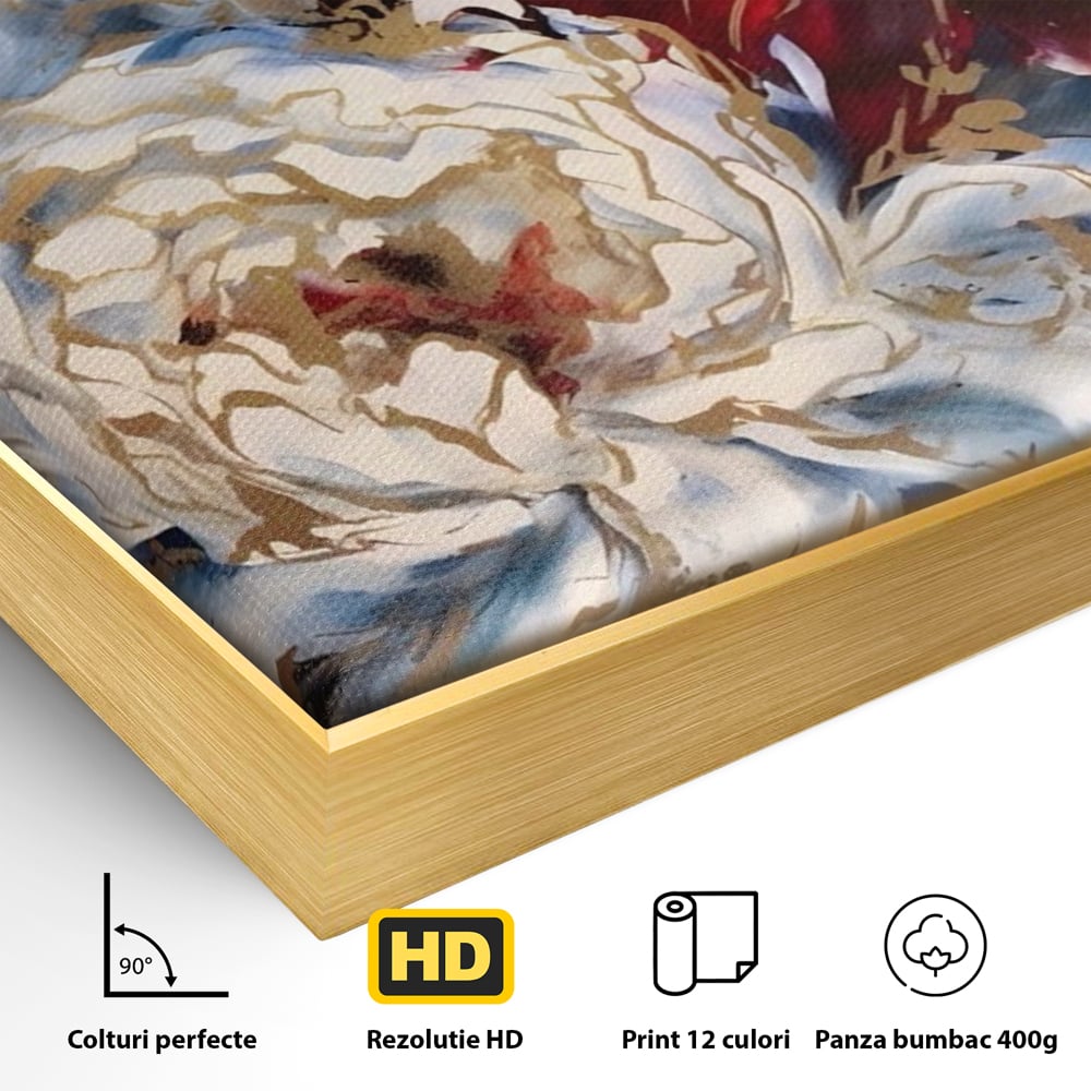 Detaliu al suprafetei: tablou canvas cu trei bujori si foita aurie, in rama de aluminiu auriu