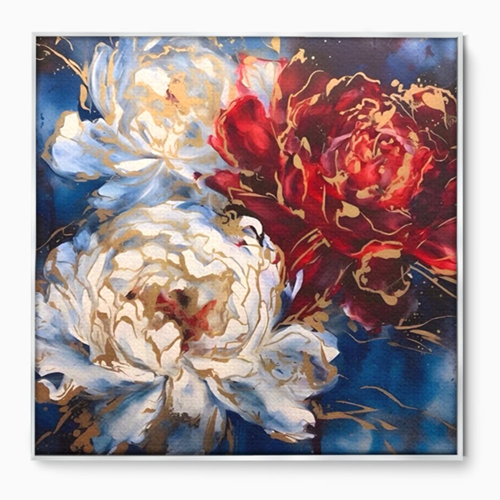 Tablou canvas cu tablou canvas cu trei bujori si foita aurie, in rama de aluminiu argintiu