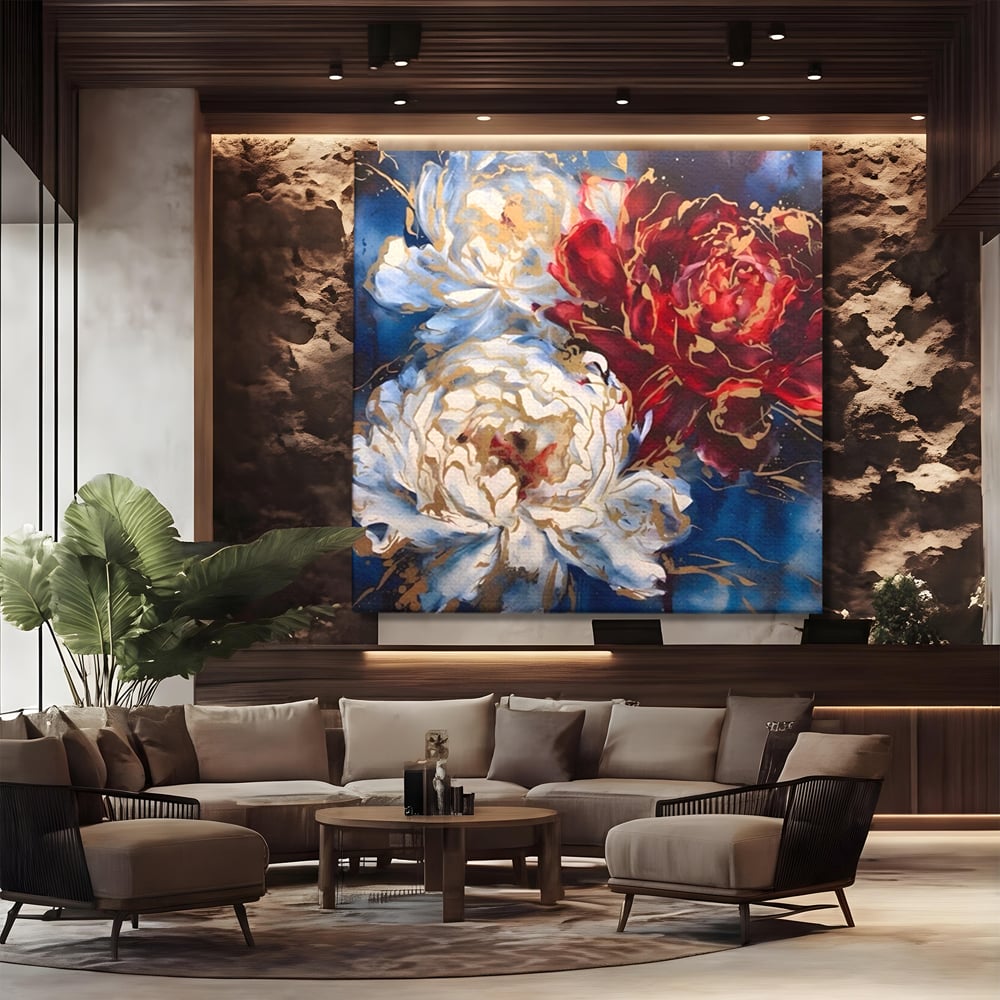 Tablou canvas cu tablou canvas cu trei bujori si foita aurie, fara rama, pe sasiu de lemn, pe perete intr-un birou