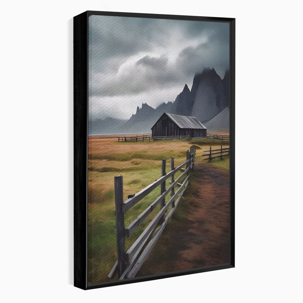 Tablou canvas cu tablou cu peisaj montan si gard de lemn, in rama de aluminiu negru