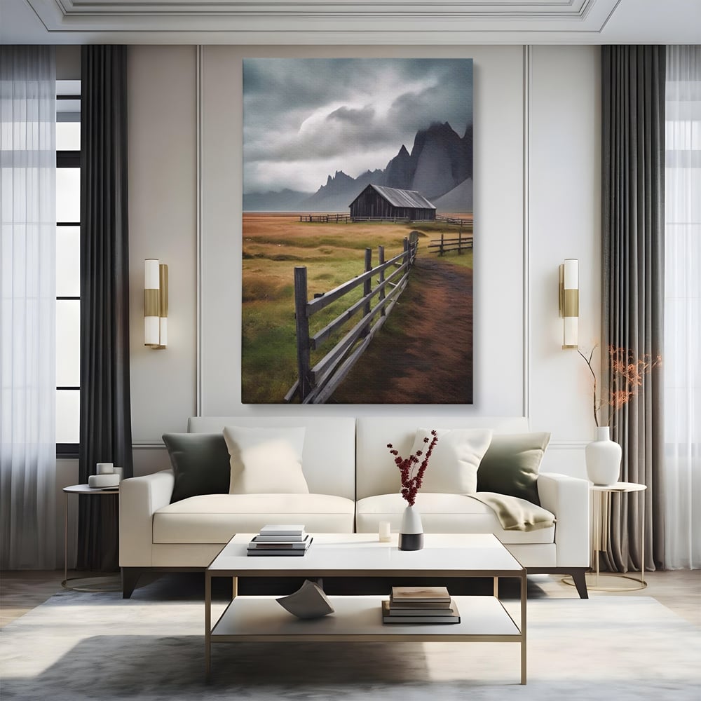 Tablou canvas cu tablou cu peisaj montan si gard de lemn, fara rama, pe sasiu de lemn, pe perete intr-un living