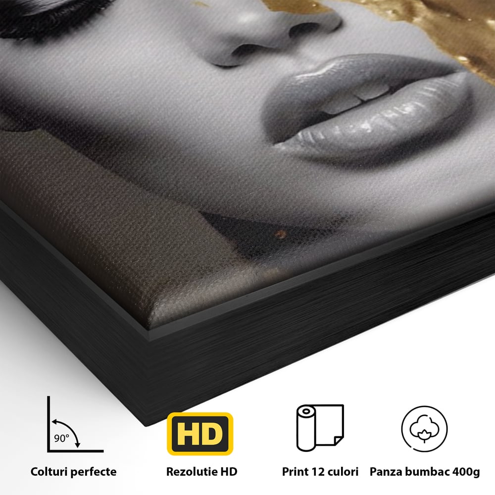 Detaliu al suprafetei: tablou canvas cu portret de femeie si fluturi aurii, in rama de aluminiu negru