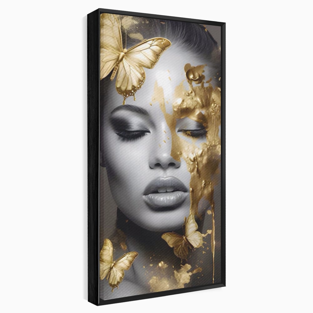 Tablou canvas cu tablou canvas cu portret de femeie si fluturi aurii, in rama de aluminiu negru
