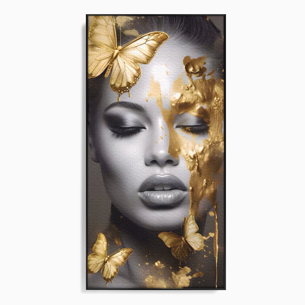 Tablou canvas cu tablou canvas cu portret de femeie si fluturi aurii, in rama de aluminiu negru