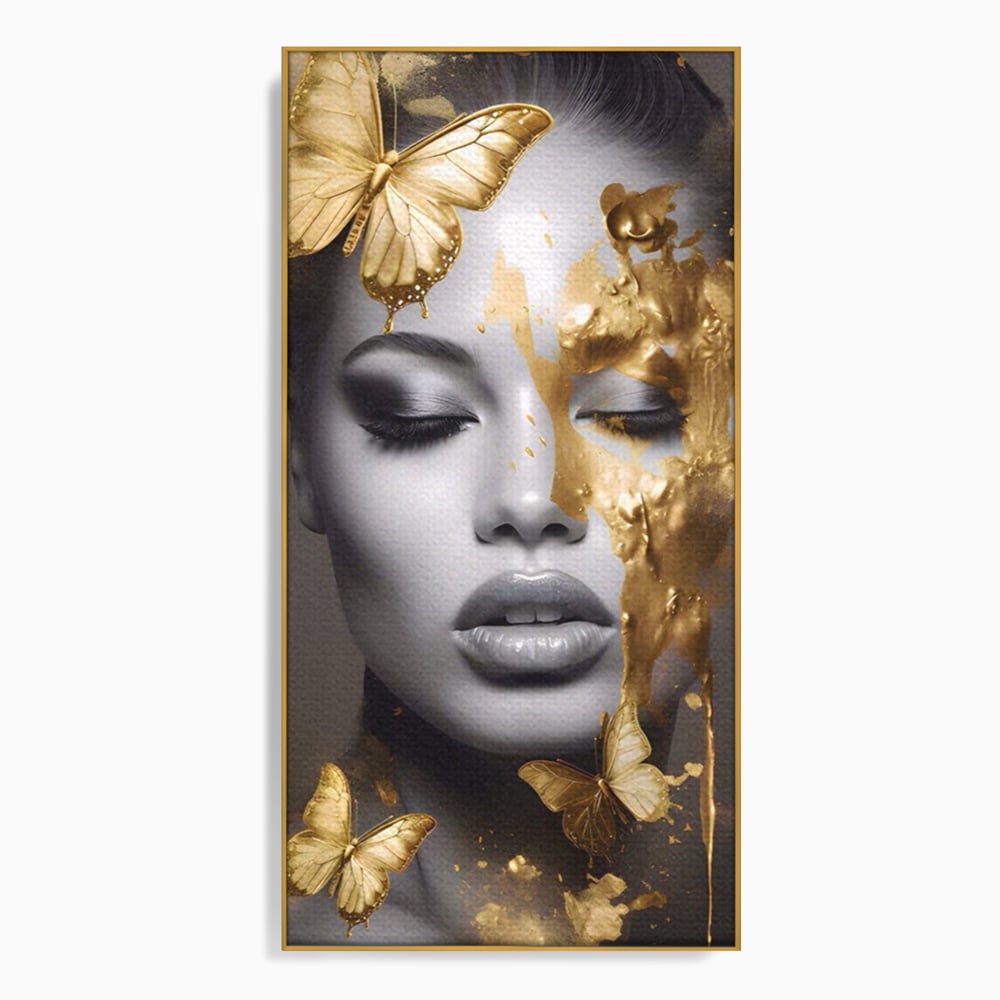 Tablou canvas cu tablou canvas cu portret de femeie si fluturi aurii, in rama de aluminiu auriu