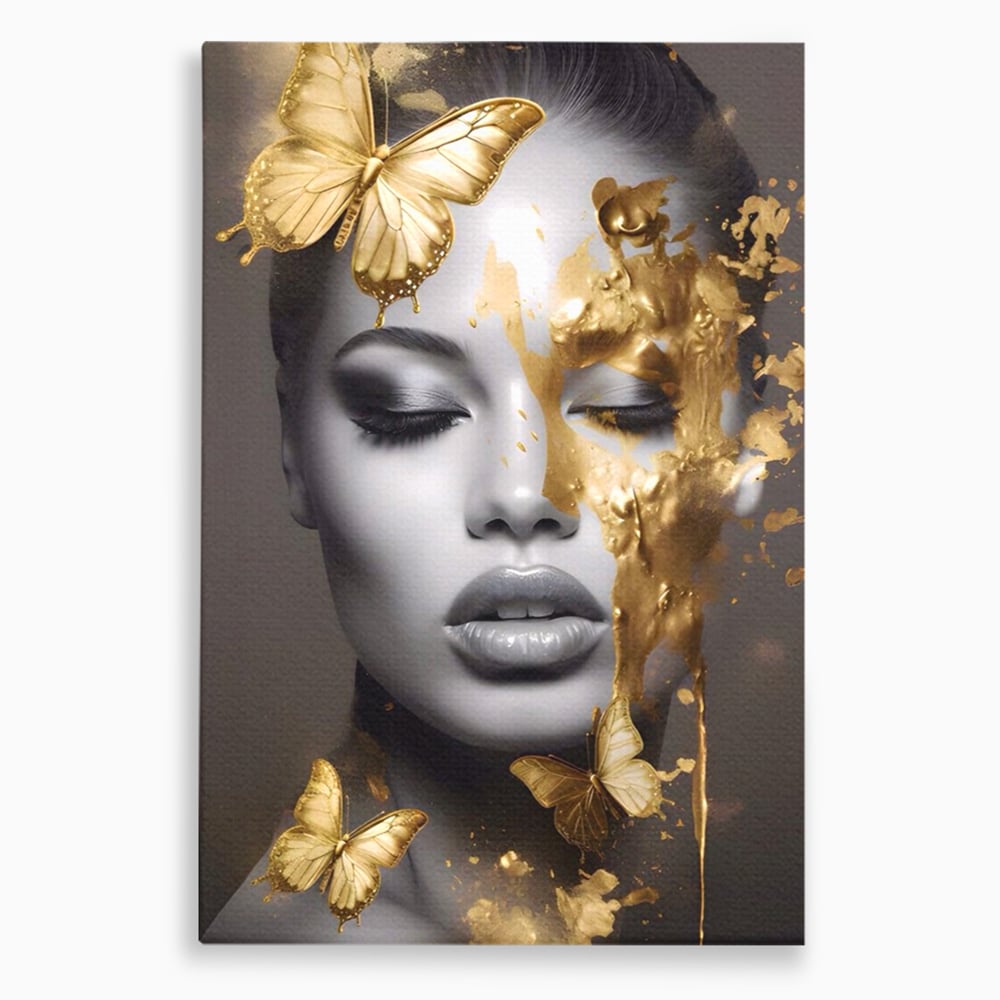 Tablou canvas cu tablou canvas cu portret de femeie si fluturi aurii, fara rama, pe sasiu de lemn