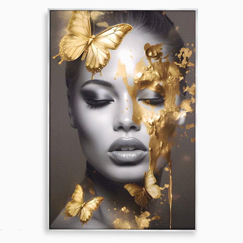 Tablou canvas cu tablou canvas cu portret de femeie si fluturi aurii, in rama de aluminiu argintiu