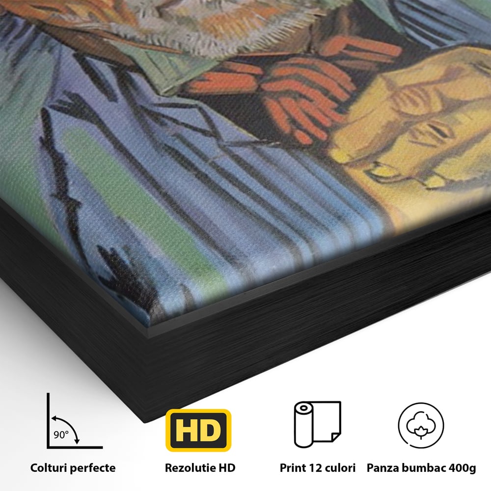 Detaliu al suprafetei: tablou canvas cu portretul unui batran cu palarie, in rama de aluminiu negru