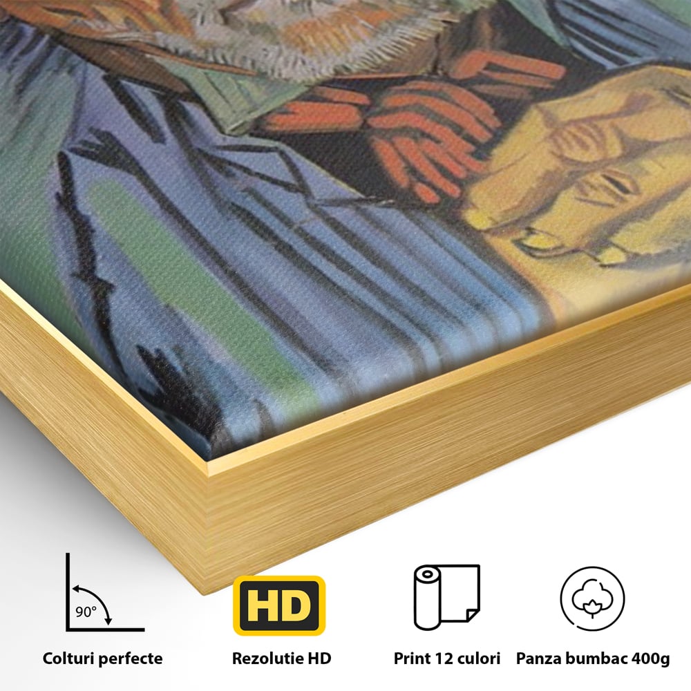 Detaliu al suprafetei: tablou canvas cu portretul unui batran cu palarie, in rama de aluminiu auriu