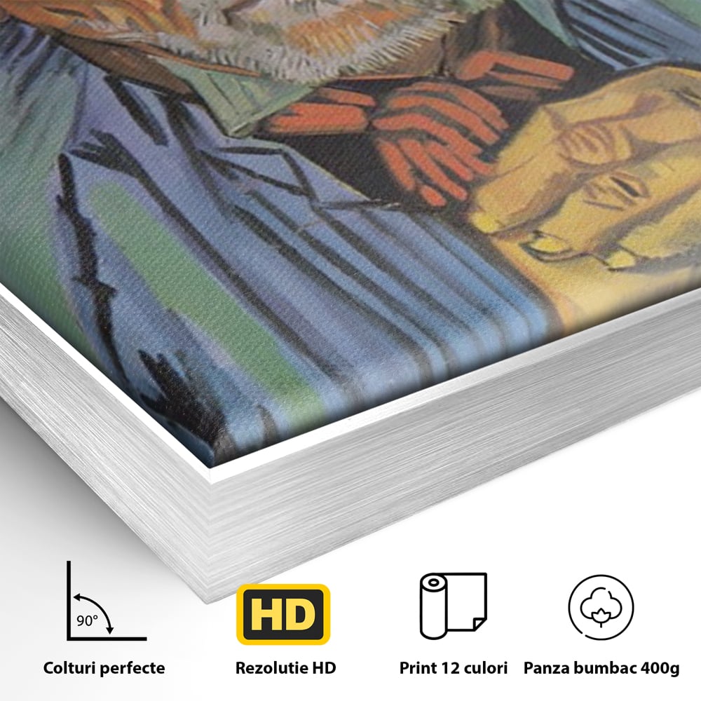 Detaliu al suprafetei: tablou canvas cu portretul unui batran cu palarie, in rama de aluminiu argintiu