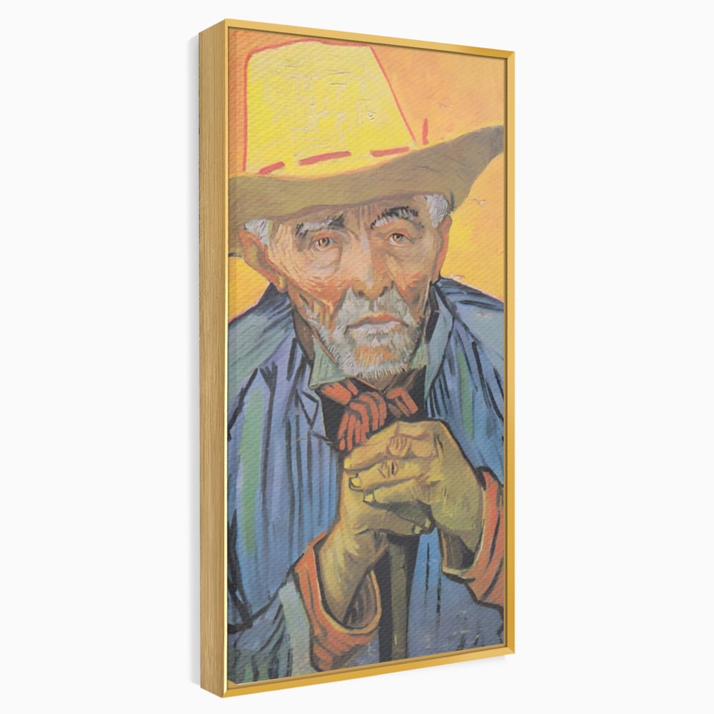 Tablou canvas cu tablou canvas cu portretul unui batran cu palarie, in rama de aluminiu auriu