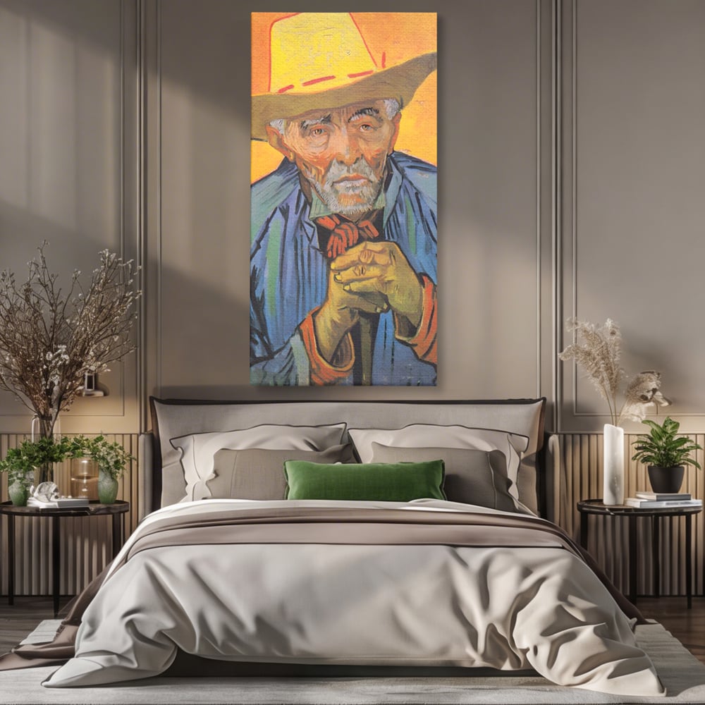 Tablou canvas cu tablou canvas cu portretul unui batran cu palarie, fara rama, pe sasiu de lemn, pe perete intr-un dormitor