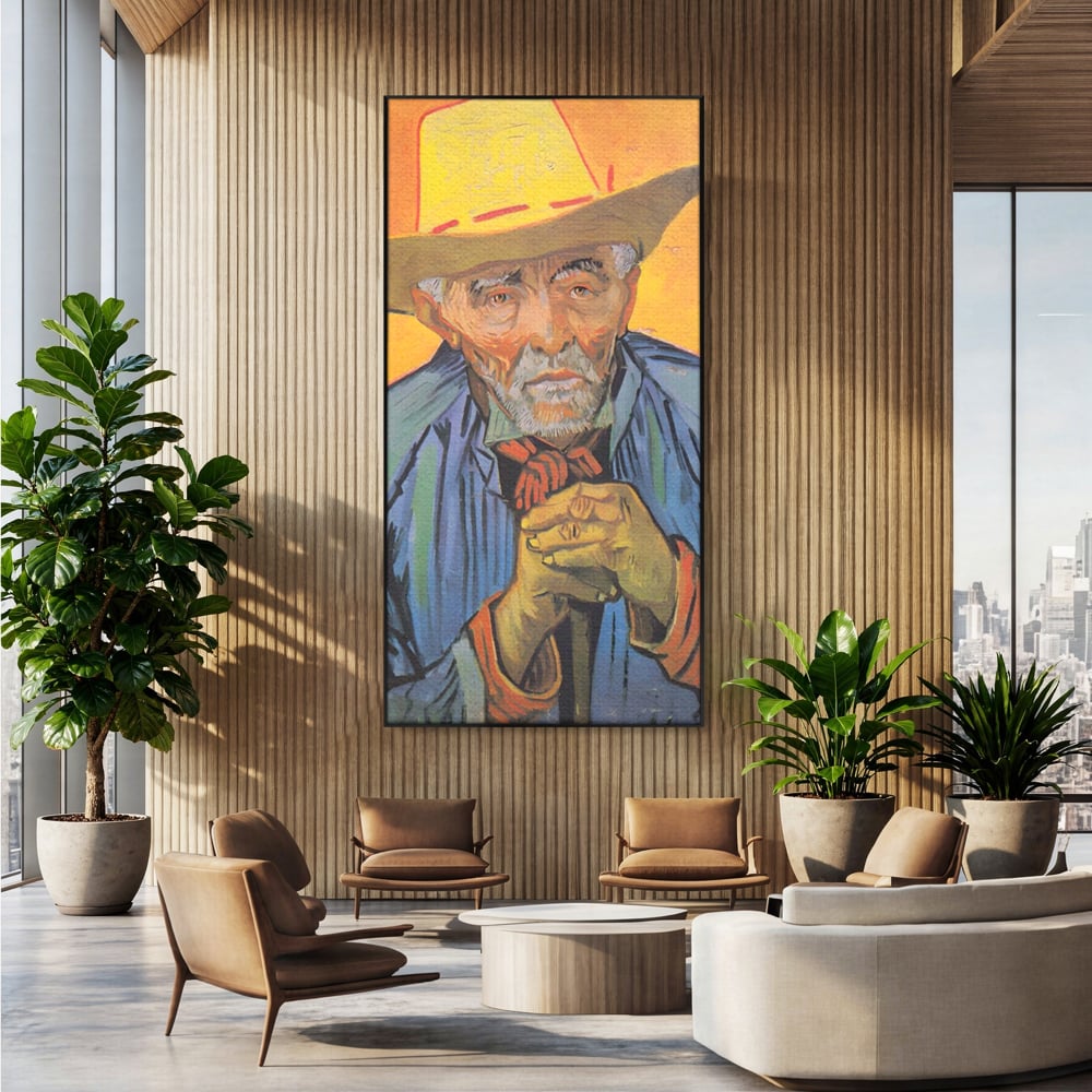 Tablou canvas cu tablou canvas cu portretul unui batran cu palarie, in rama de aluminiu negru, pe perete intr-un birou