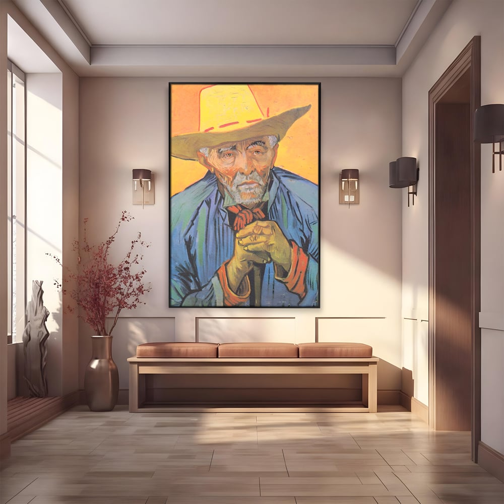 Tablou canvas cu tablou canvas cu portretul unui batran cu palarie, in rama de aluminiu negru