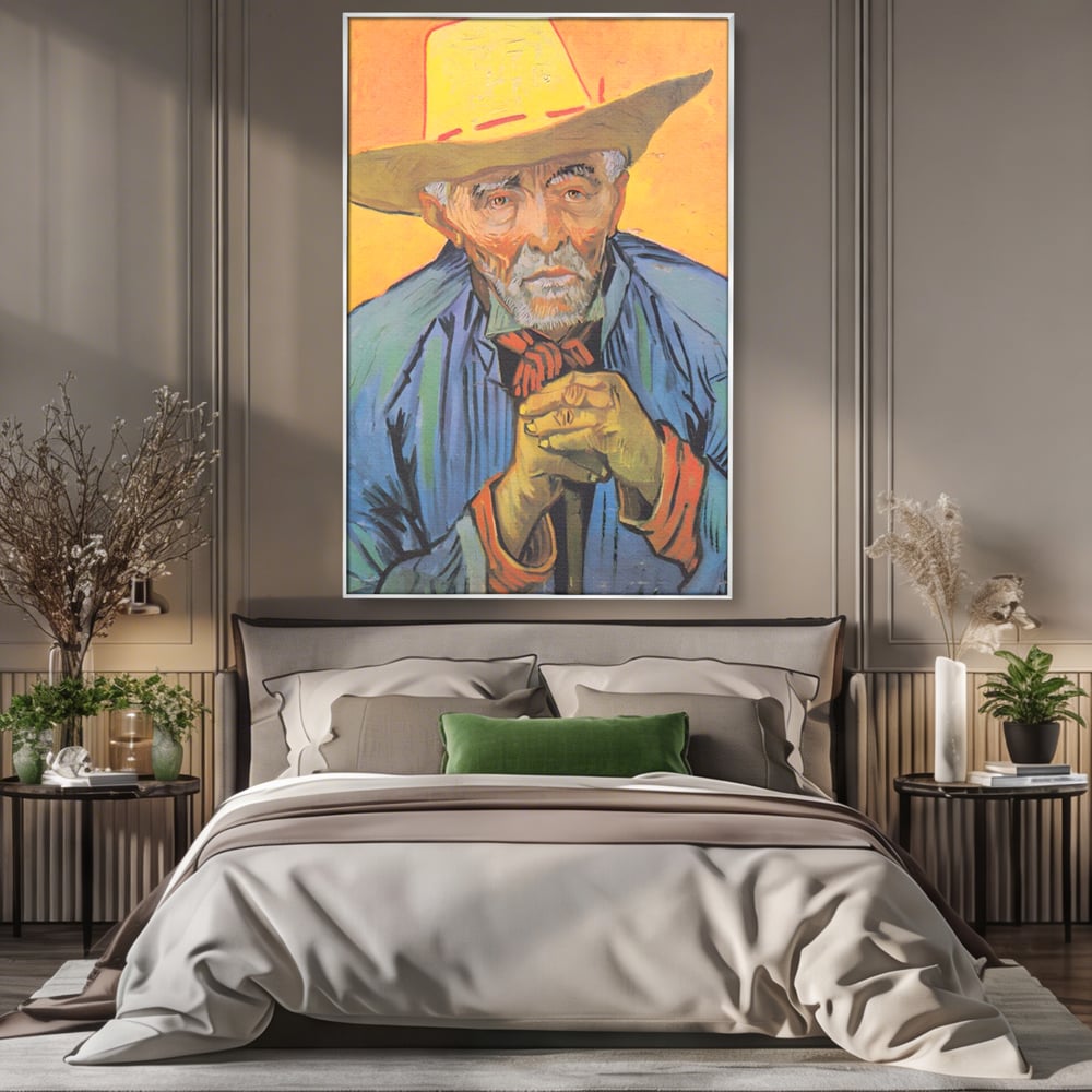 Tablou canvas cu tablou canvas cu portretul unui batran cu palarie, in rama de aluminiu argintiu, pe perete intr-un dormitor