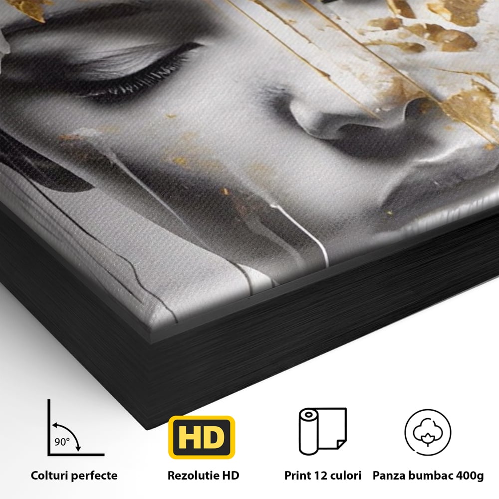 Detaliu al suprafetei: tablou canvas cu chip de femeie si flori, in rama de aluminiu negru