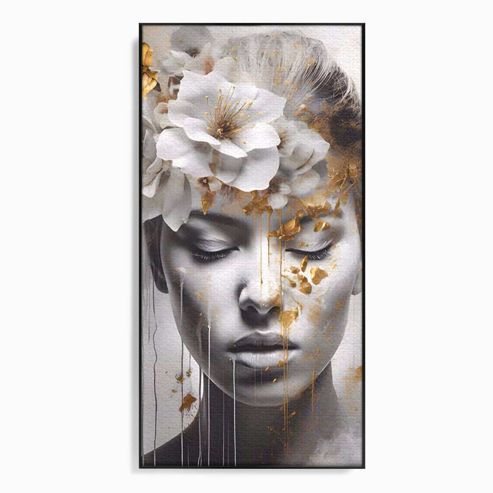 Tablou canvas cu tablou canvas cu chip de femeie si flori, in rama de aluminiu negru