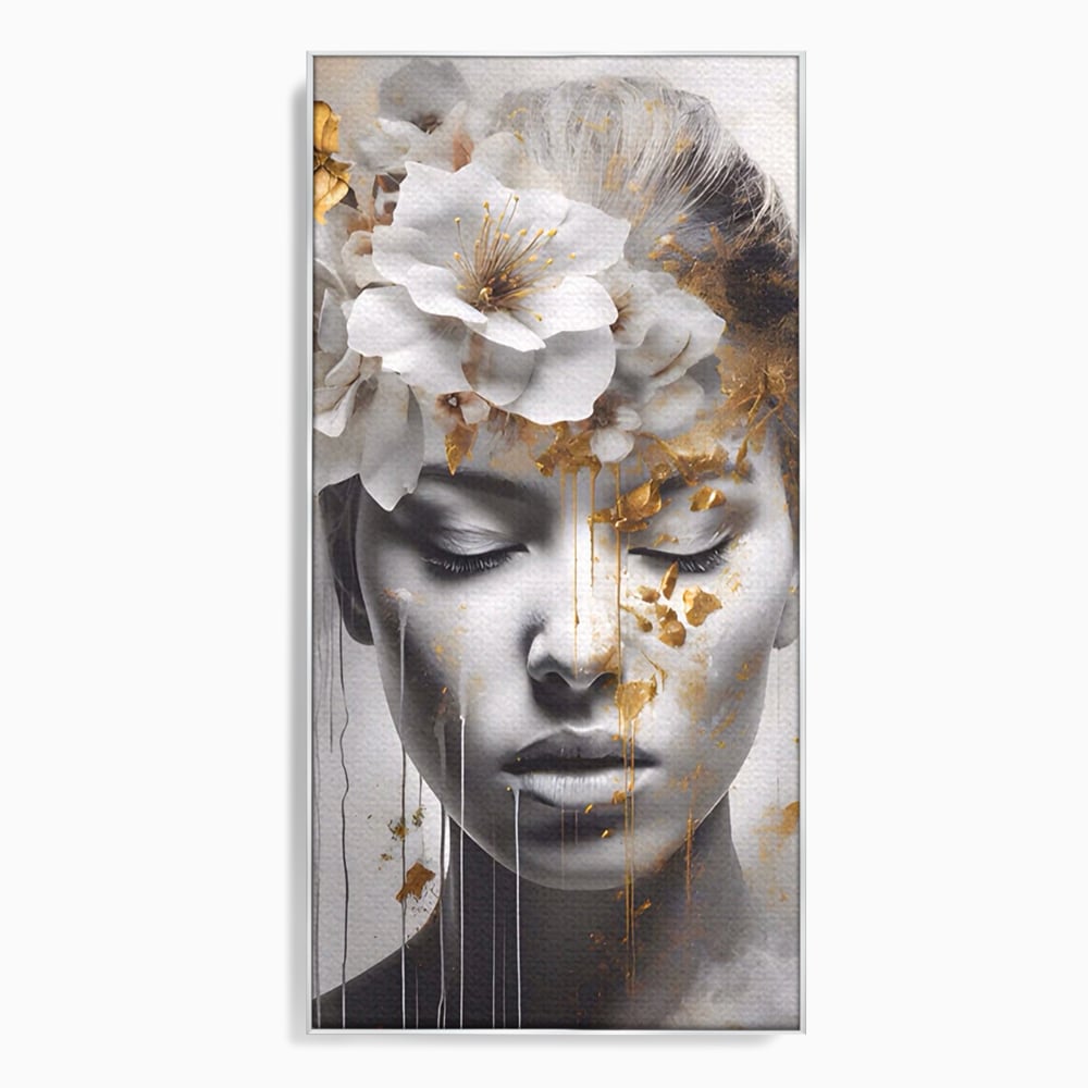 Tablou canvas cu tablou canvas cu chip de femeie si flori, in rama de aluminiu argintiu