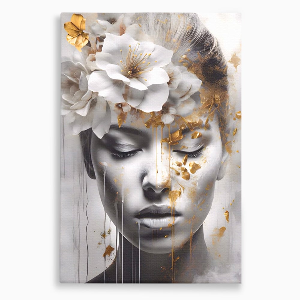 Tablou canvas cu tablou canvas cu chip de femeie si flori, fara rama, pe sasiu de lemn