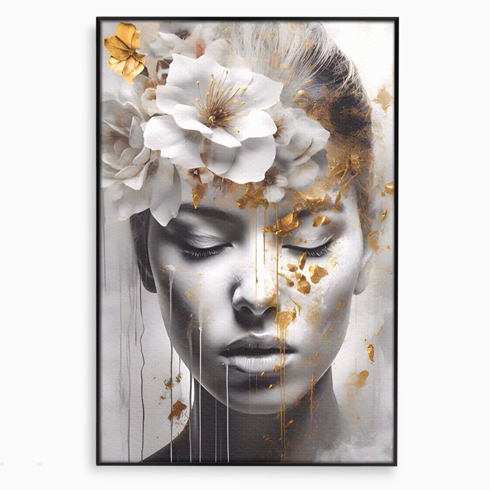 Tablou canvas cu tablou canvas cu chip de femeie si flori, in rama de aluminiu negru