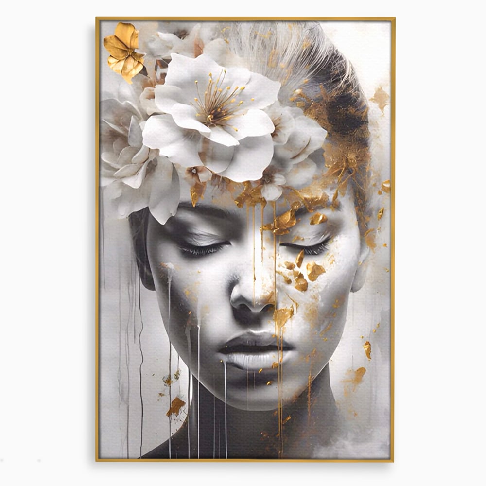 Tablou canvas cu tablou canvas cu chip de femeie si flori, in rama de aluminiu auriu