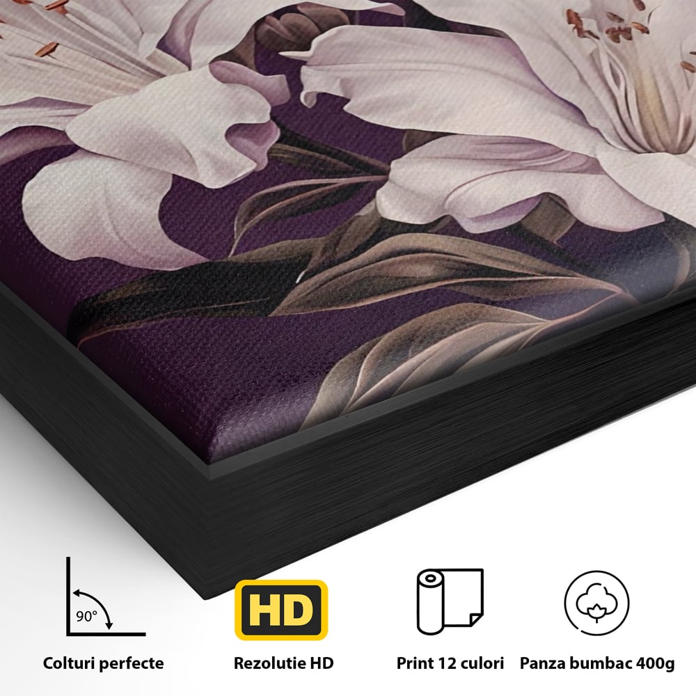 Detaliu al suprafetei: tablou canvas cu trei crini albi, in rama de aluminiu negru