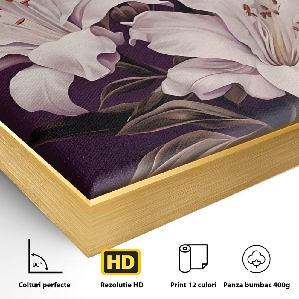 Detaliu al suprafetei: tablou canvas cu trei crini albi, in rama de aluminiu auriu