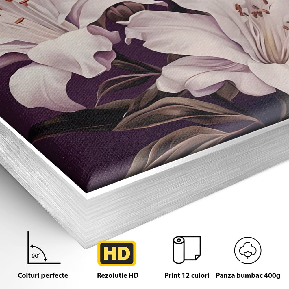 Detaliu al suprafetei: tablou canvas cu trei crini albi, in rama de aluminiu argintiu