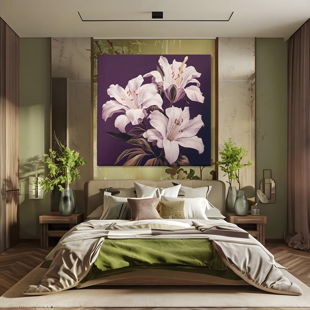 Tablou canvas cu tablou canvas cu trei crini albi, fara rama, pe sasiu de lemn, pe perete intr-un dormitor