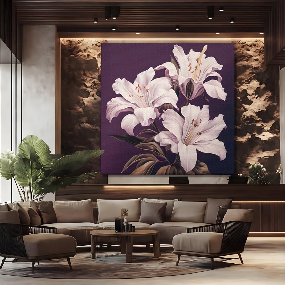 Tablou canvas cu tablou canvas cu trei crini albi, fara rama, pe sasiu de lemn, pe perete intr-un birou