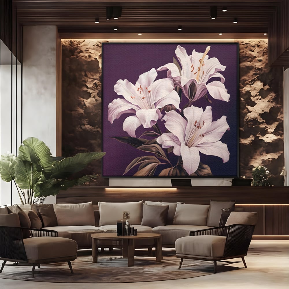 Tablou canvas cu tablou canvas cu trei crini albi, in rama de aluminiu negru, pe perete intr-un birou