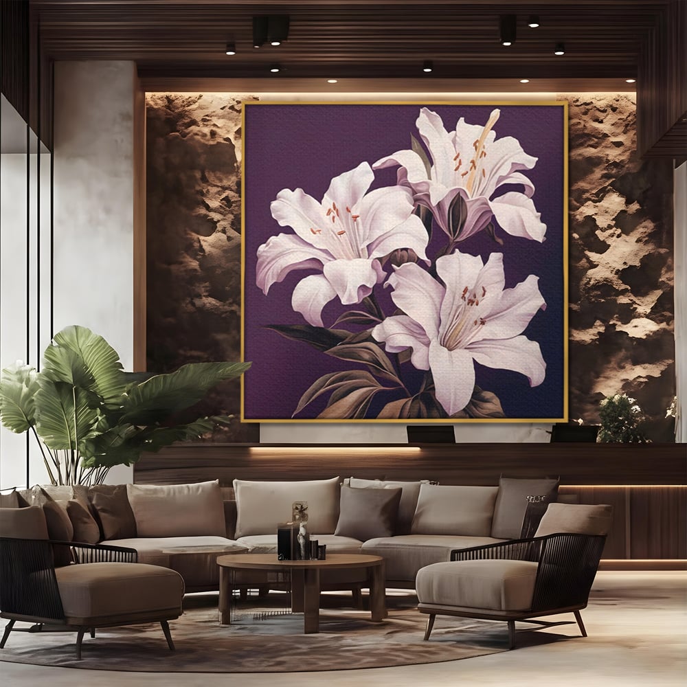 Tablou canvas cu tablou canvas cu trei crini albi, in rama de aluminiu auriu, pe perete intr-un birou