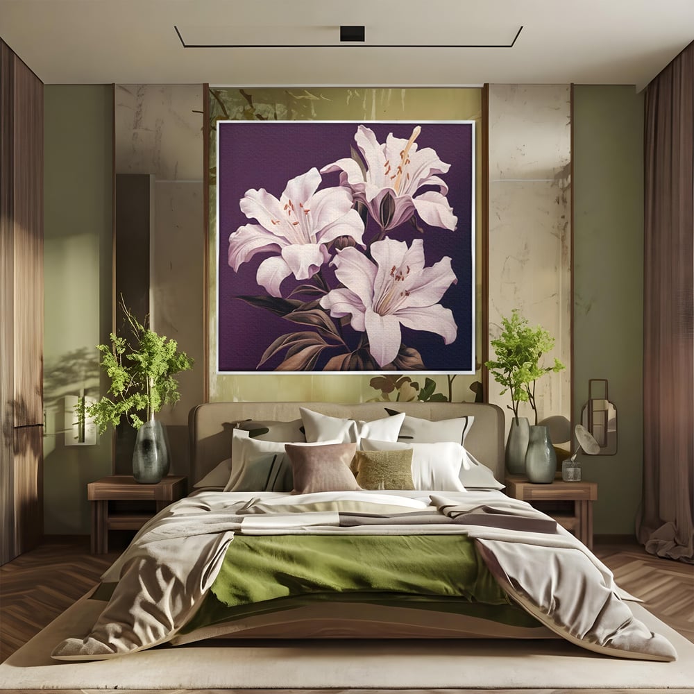 Tablou canvas cu tablou canvas cu trei crini albi, in rama de aluminiu argintiu, pe perete intr-un dormitor