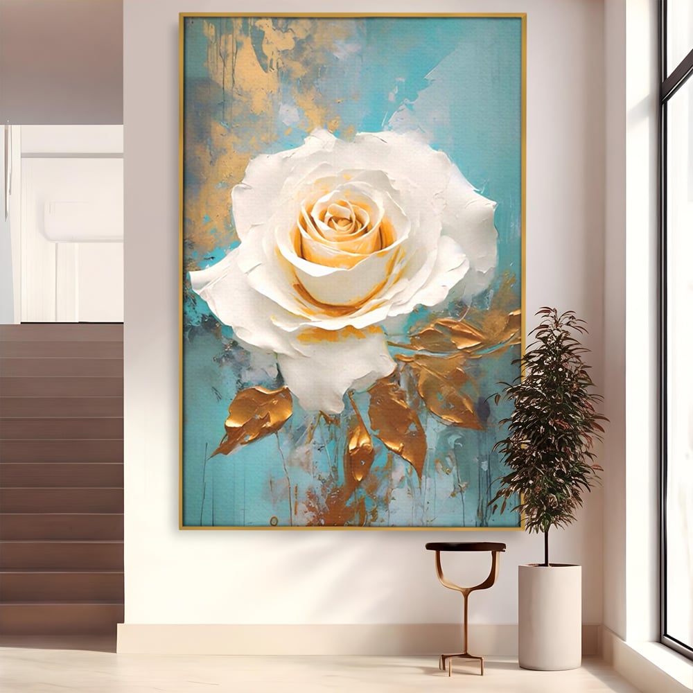 Tablou canvas cu tablou canvas cu trandafir alb, in rama de aluminiu auriu