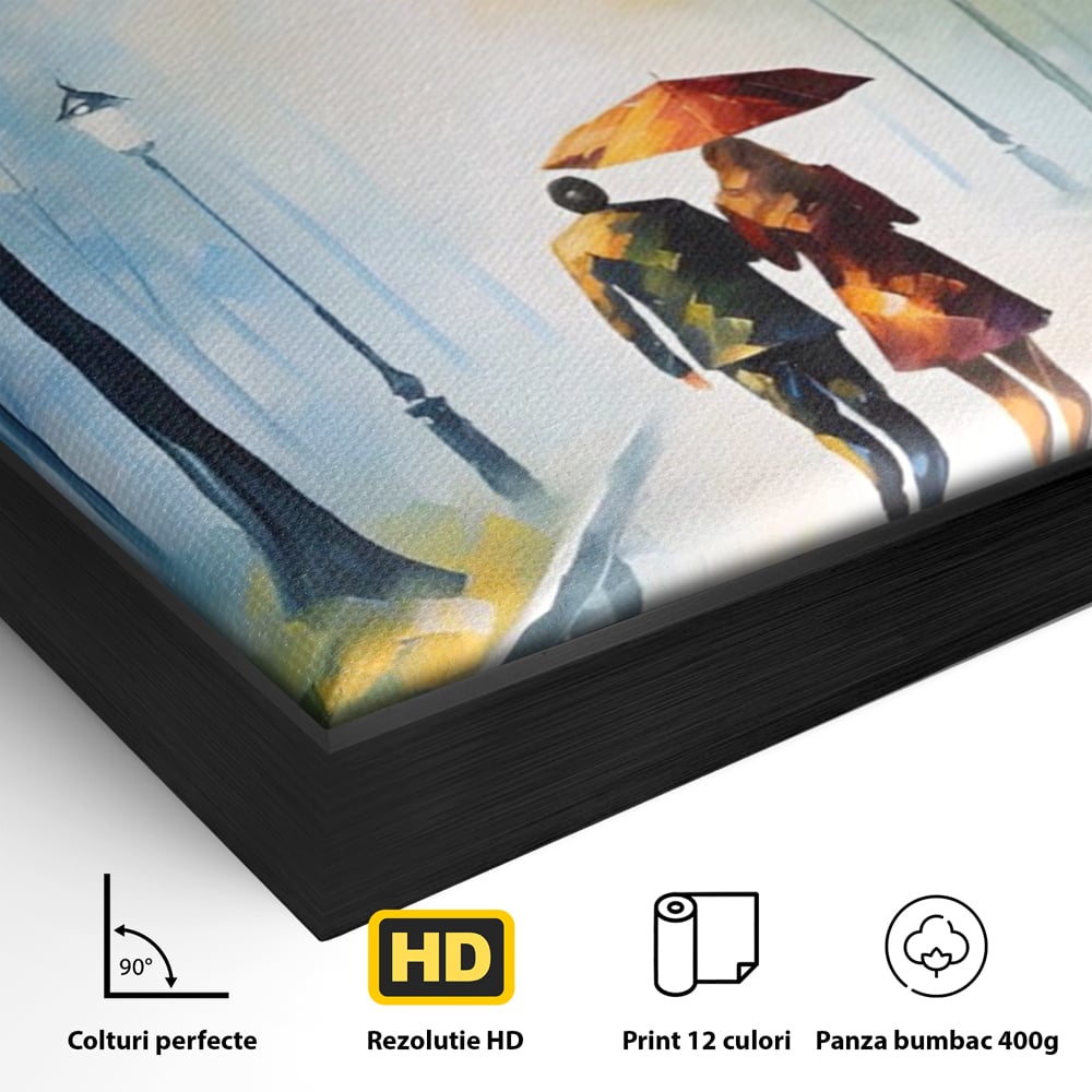 Detaliu al suprafetei: tablou canvas cuplu sub umbrela, in rama de aluminiu negru