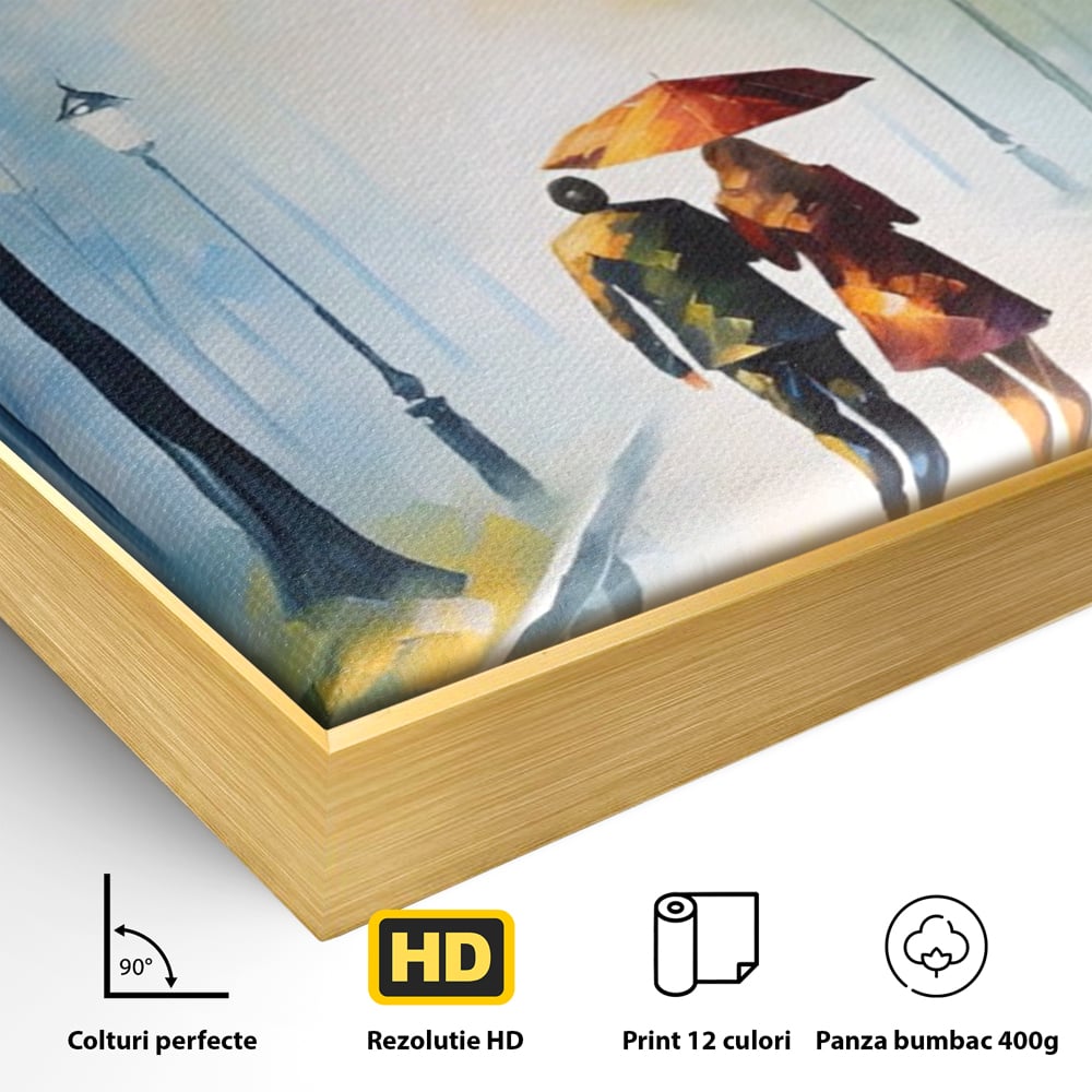 Detaliu al suprafetei: tablou canvas cuplu sub umbrela, in rama de aluminiu auriu
