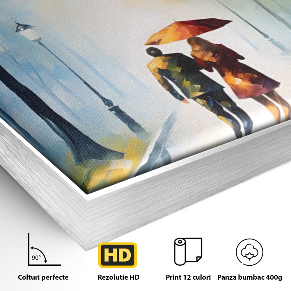 Detaliu al suprafetei: tablou canvas cuplu sub umbrela, in rama de aluminiu argintiu