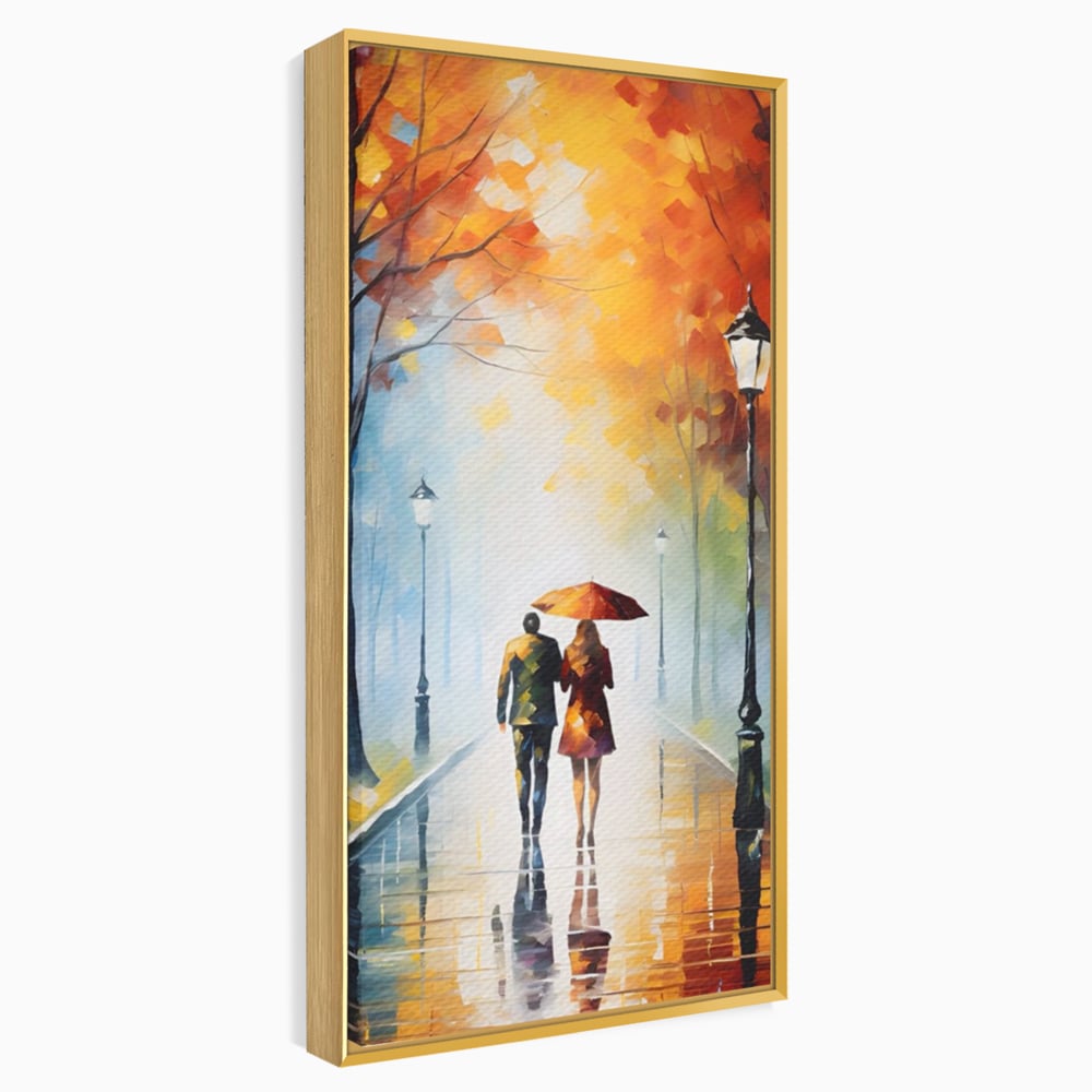 Tablou canvas cu tablou canvas cuplu sub umbrela, in rama de aluminiu auriu