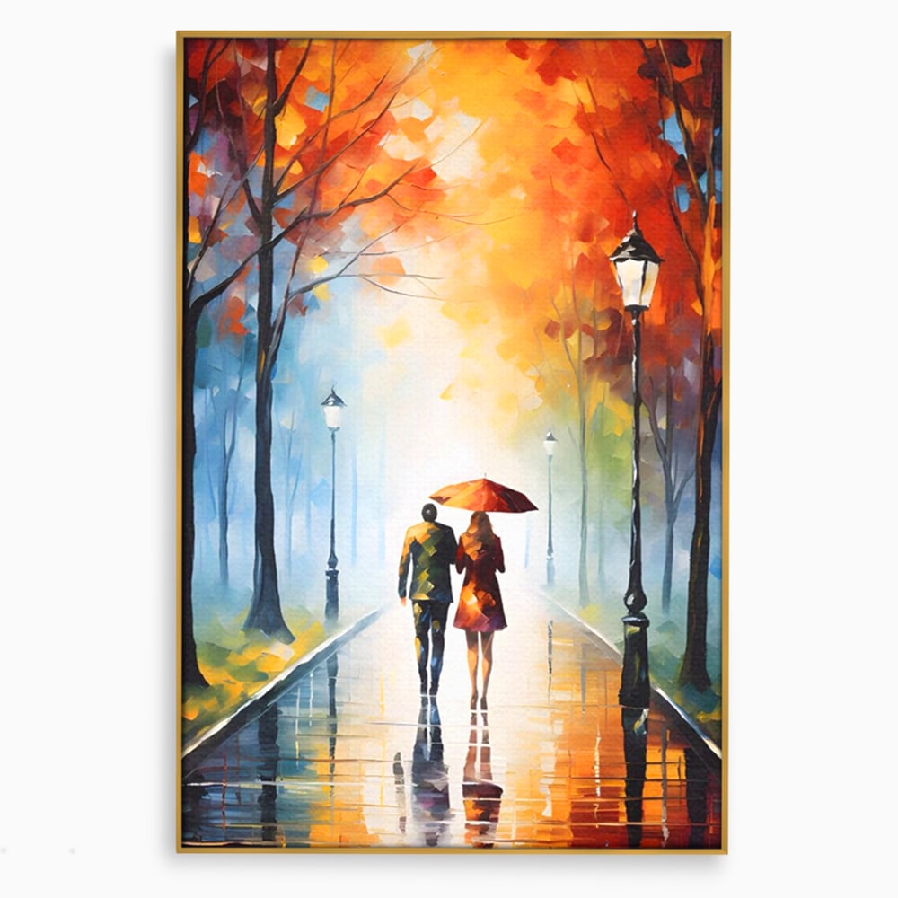 Tablou canvas cu tablou canvas cuplu sub umbrela, in rama de aluminiu auriu
