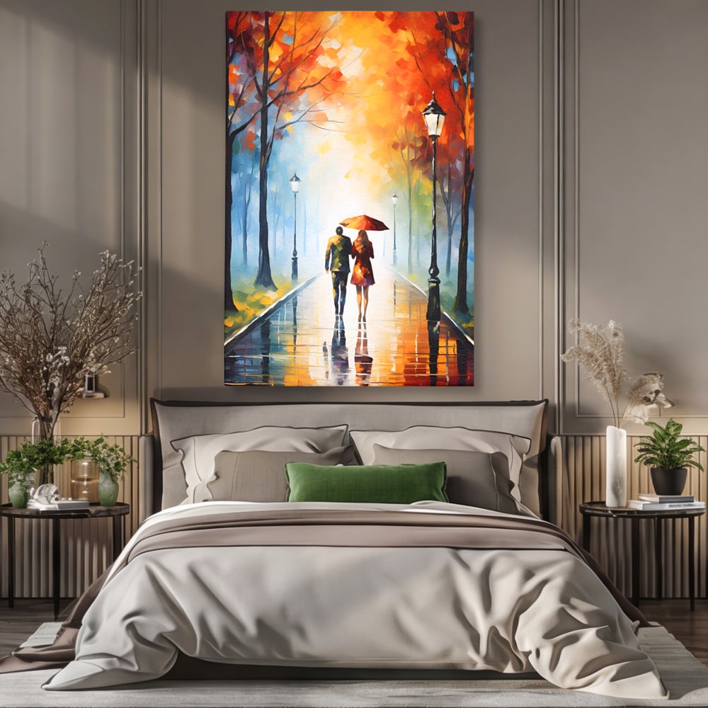 Tablou canvas cu tablou canvas cuplu sub umbrela, fara rama, pe sasiu de lemn, pe perete intr-un dormitor