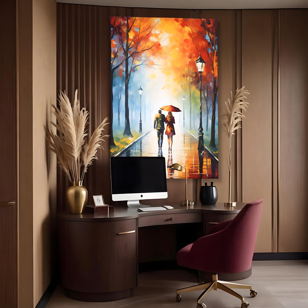 Tablou canvas cu tablou canvas cuplu sub umbrela, fara rama, pe sasiu de lemn, pe perete intr-un birou