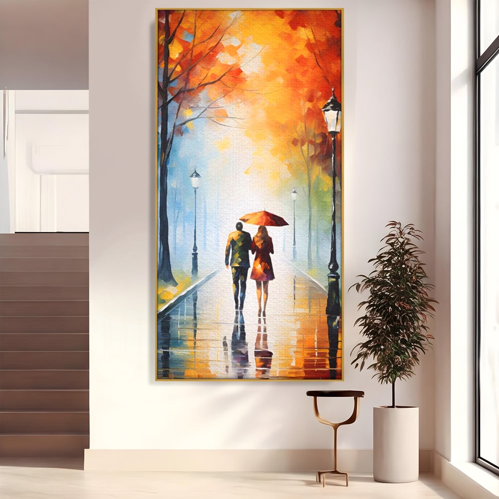 Tablou canvas cu tablou canvas cuplu sub umbrela, in rama de aluminiu auriu