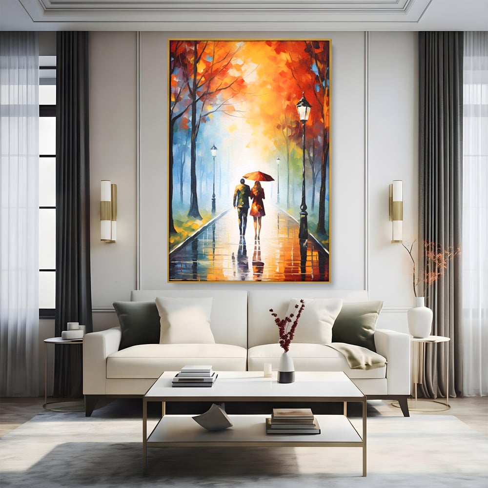 Tablou canvas cu tablou canvas cuplu sub umbrela, in rama de aluminiu auriu, pe perete intr-un living