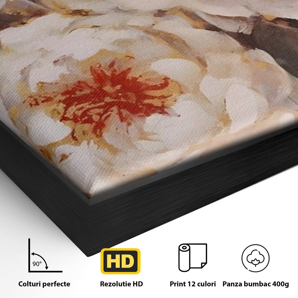 Detaliu al suprafetei: tablou canvas cu bujori albi pictati, in rama de aluminiu negru