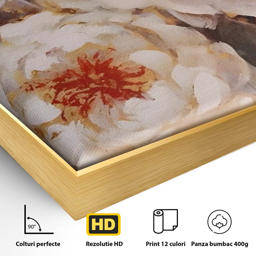 Detaliu al suprafetei: tablou canvas cu bujori albi pictati, in rama de aluminiu auriu