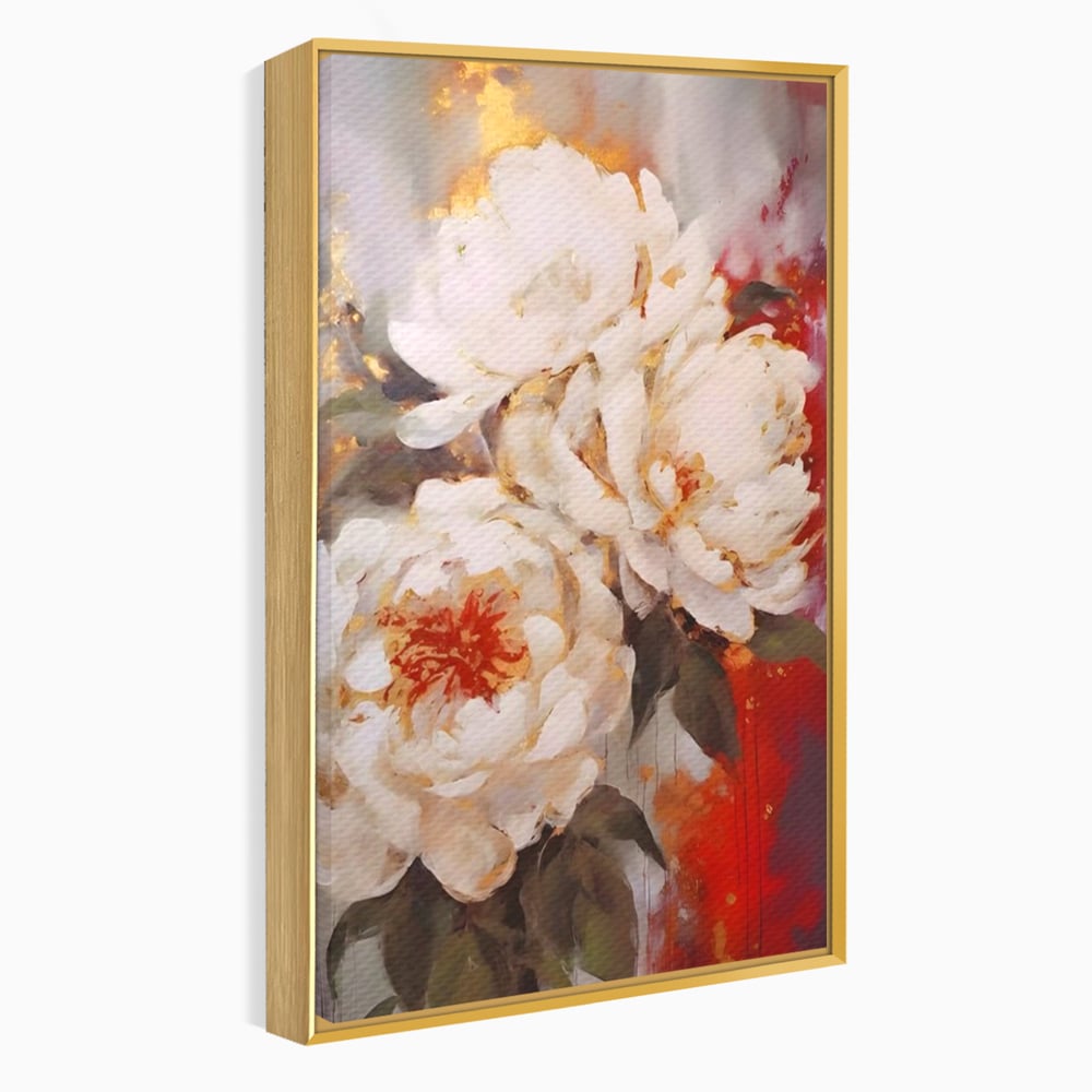 Tablou canvas cu tablou canvas cu bujori albi pictati, in rama de aluminiu auriu