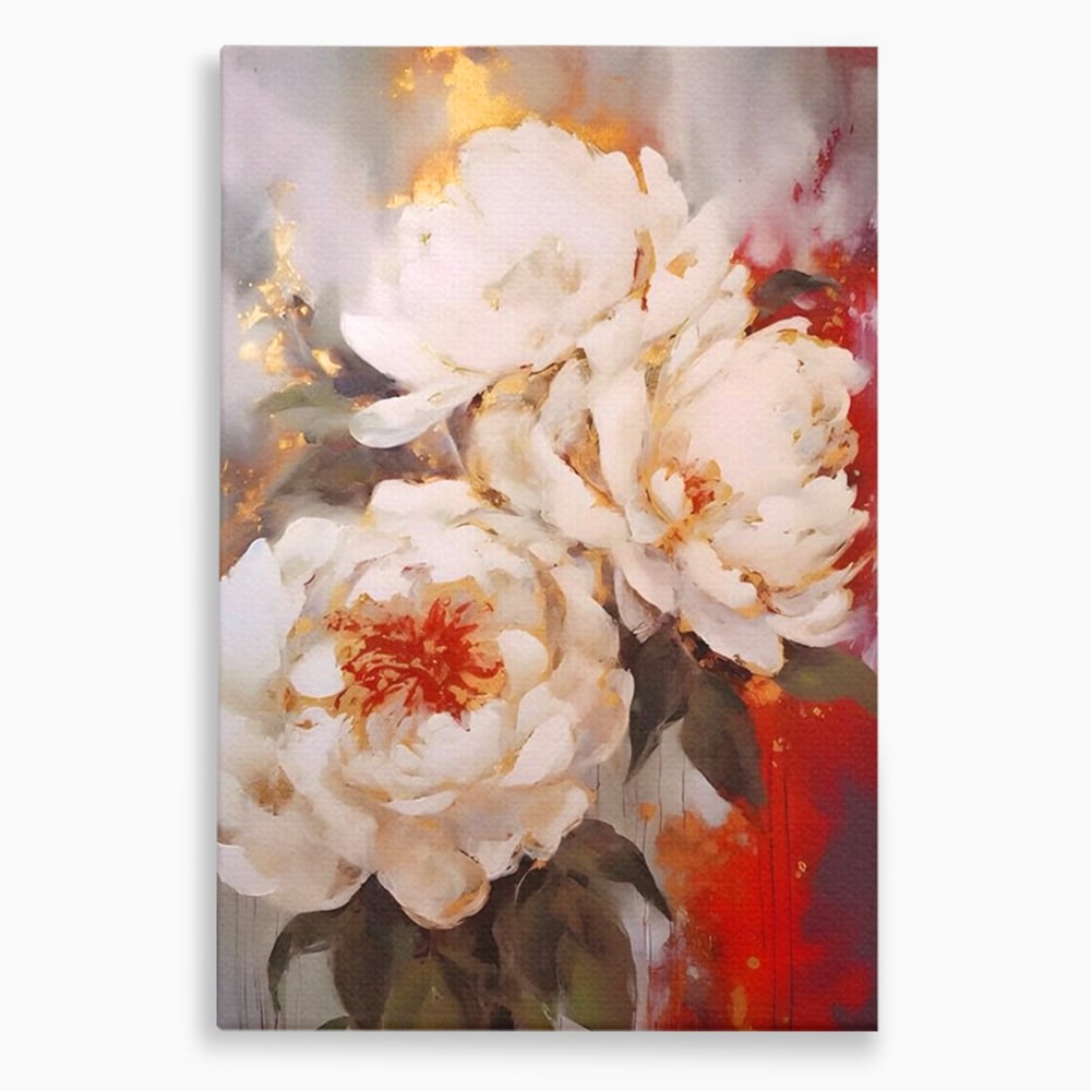 Tablou canvas cu tablou canvas cu bujori albi pictati, fara rama, pe sasiu de lemn