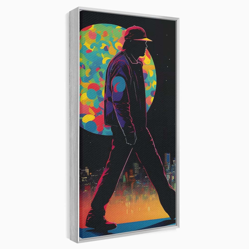 Tablou canvas cu tablou vertical cu silueta de barbat si oras, in rama de aluminiu argintiu