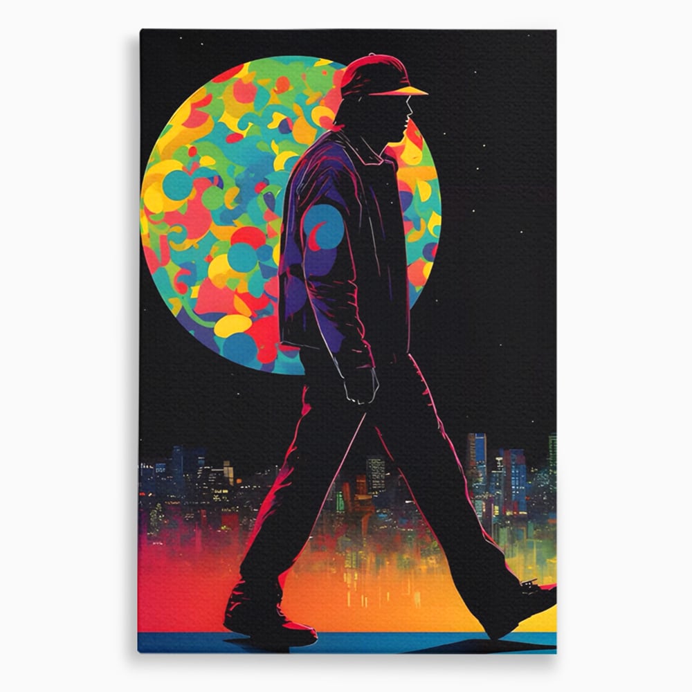 Tablou canvas cu tablou vertical cu silueta de barbat si oras, fara rama, pe sasiu de lemn